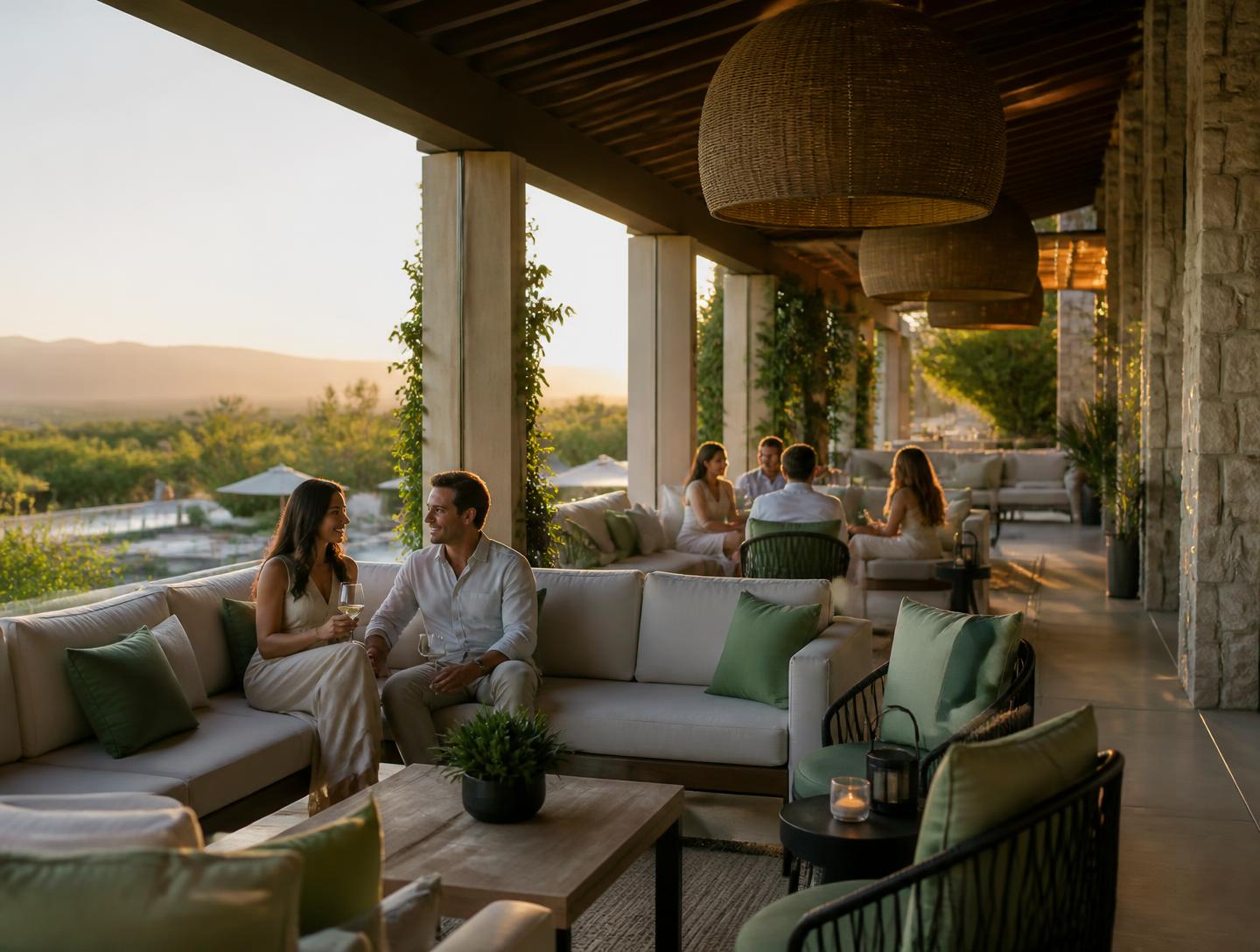 Guests relaxing on a resort terrace at dusk, free from mosquitoes